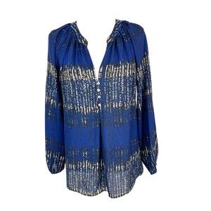 ZOA New York Blouse Women Small Henley Long Sleeve Blue Brown Casual Top